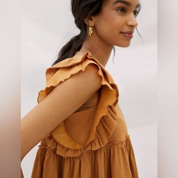 Anthropologie Golden Camel Linen Blend Ruffle Sleeve Babydoll Top | Size XS - Picture 2 of 12